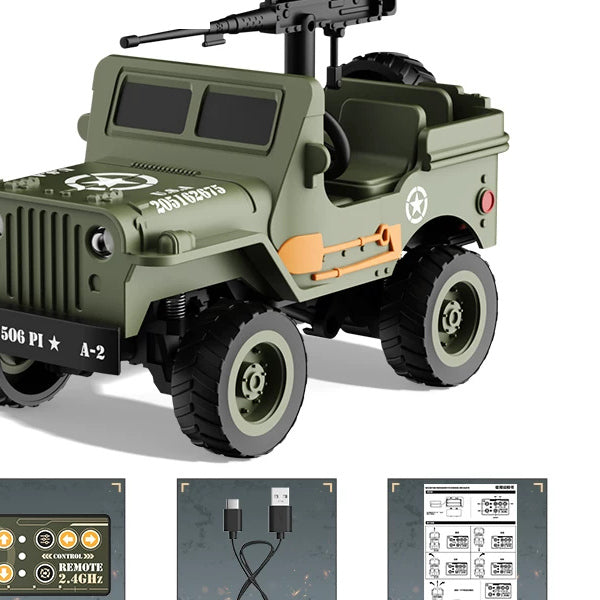 Mini Open-Cabin RC Vehicle with Card Controller: Cab, seats and wheels of the same miniature jeep.