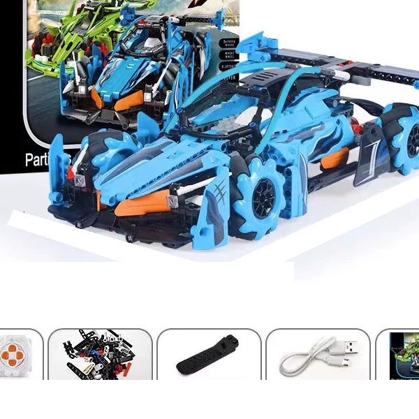 Blue RC Brick Track Car - 557 Pieces: Brick connections, wheel structure and chassis detail from the same source reference.