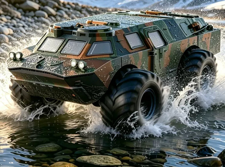 Armored-Style RC Vehicle: Closer view of the vehicle body and broad wheel profile.