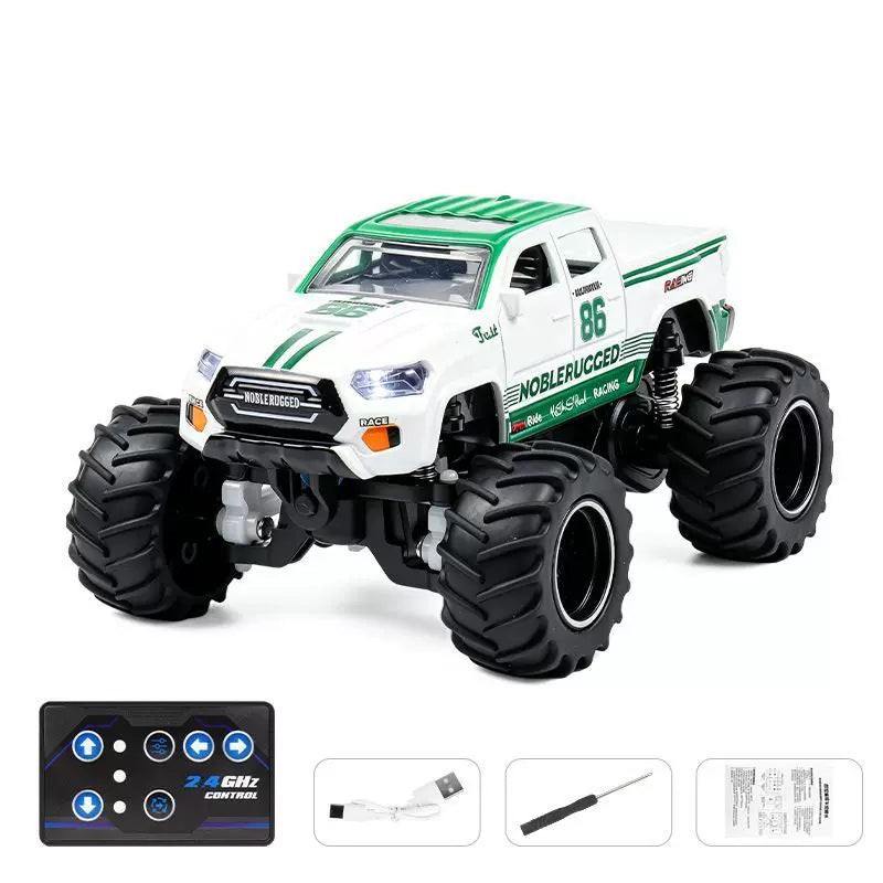 1:64 Modern Mini RC Monster Pickup: White Green 86 selected vehicle with blue-button card remote, charging cable, screwdriver and manual