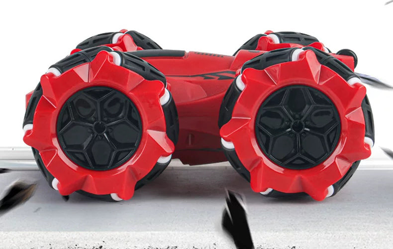 Rear view of the red RC stunt car