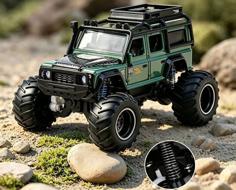 Green Defender-style RC SUV on rocks with a suspension close-up inset