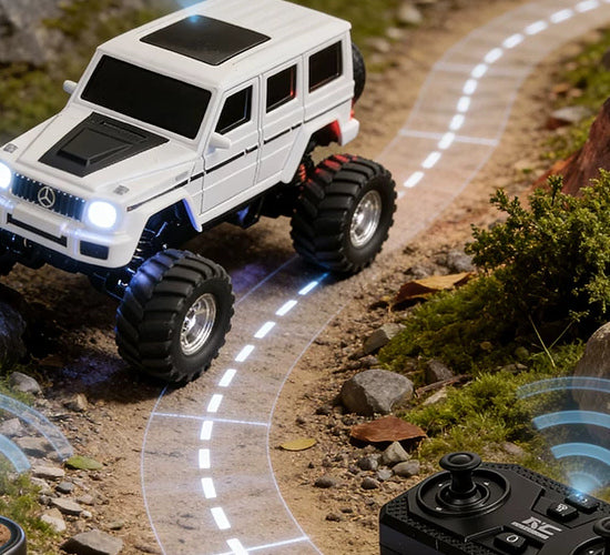 Front detail of a white G-Class-style RC SUV on a miniature road scene