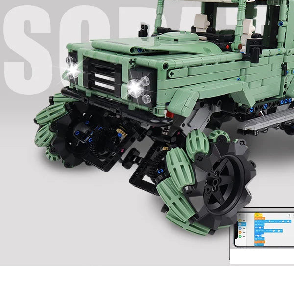 Army-Green Roller-Wheel RC Brick SUV - 1670 Pieces: Brick connections, wheel structure and chassis detail from the same source reference.