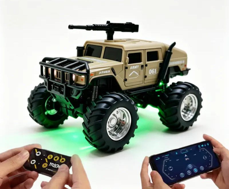 Mini Military-Style RC Truck - Color Selection: Khaki mini military-style RC truck with roof display detail; phone is a control illustration, not supplied