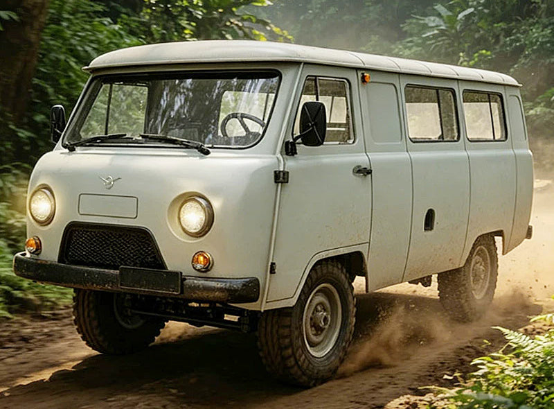 Gray-white C104 RC van in an outdoor setting.