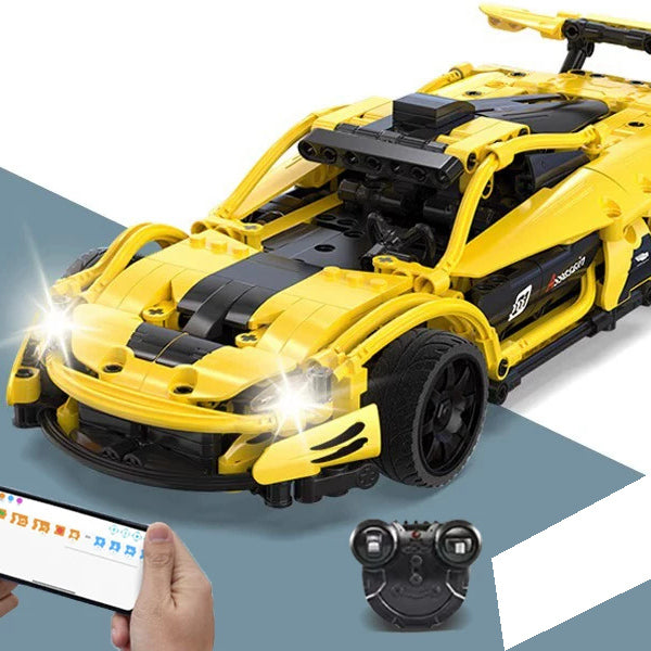 Yellow RC Brick Sports Car - 417 Pieces: Brick connections, wheel structure and chassis detail from the same source reference.