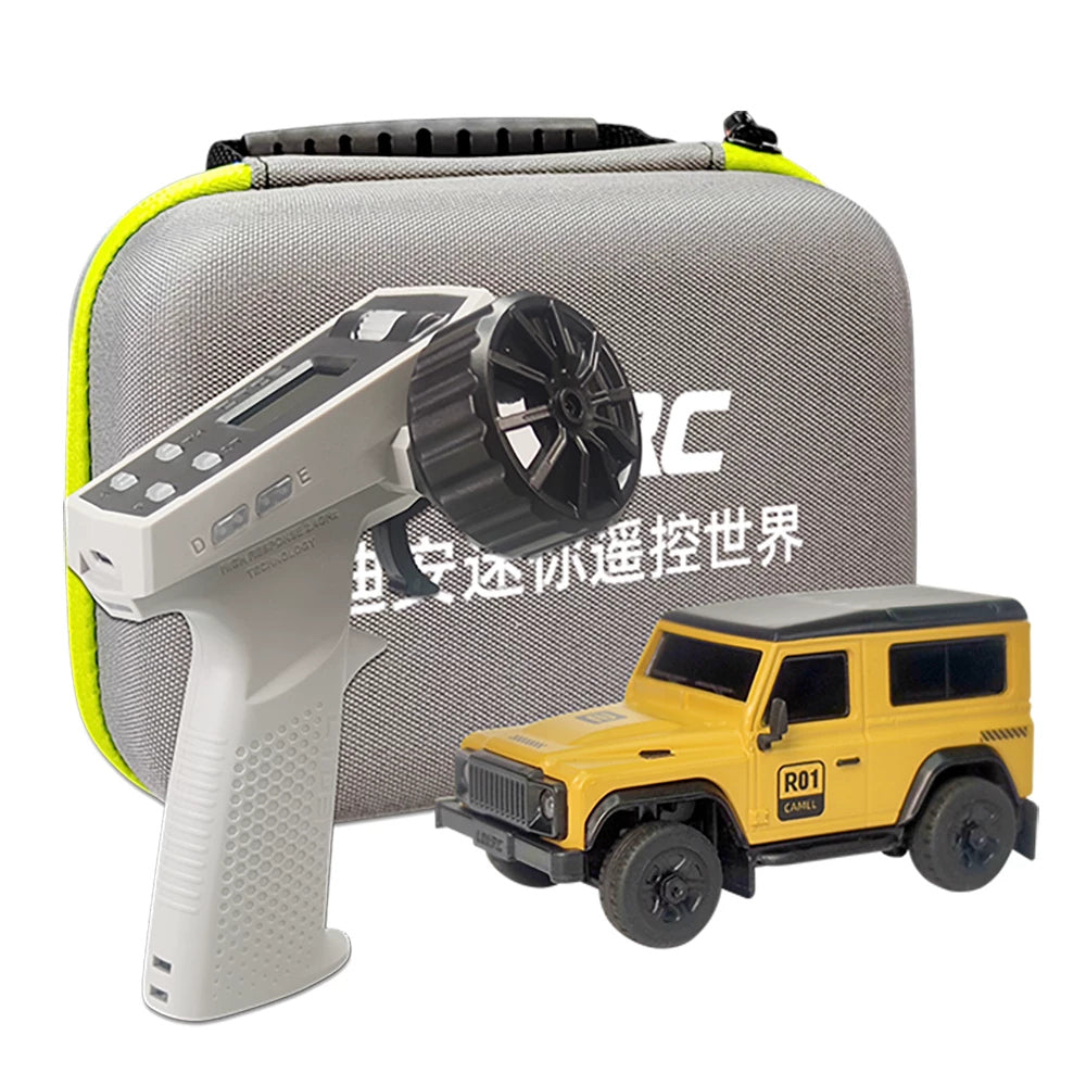 Yellow mini SUV with controller and carrying case.
