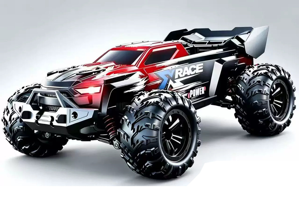 Red X-RACE RC pickup, body appearance; selected battery package listed separately