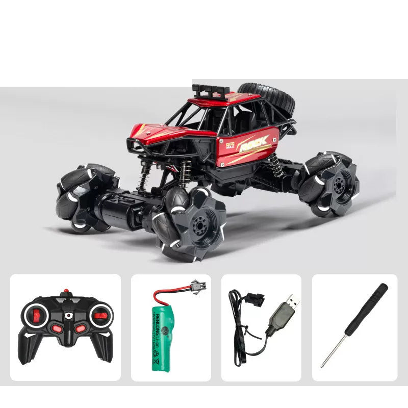 Red RC crawler and its pictured controller and charging accessories.