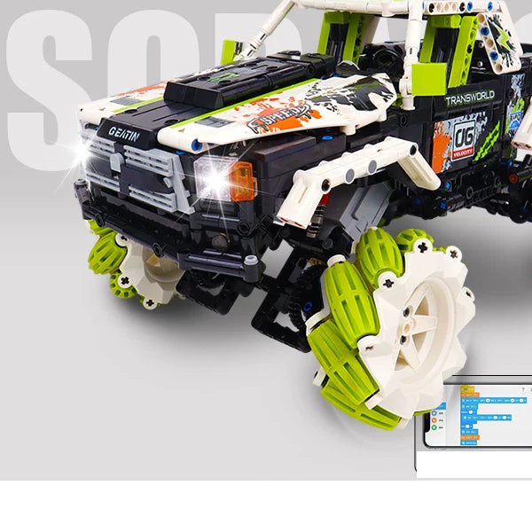 Green Roller-Wheel RC Brick Crawler - 1550 Pieces: Brick connections, wheel structure and chassis detail from the same source reference.
