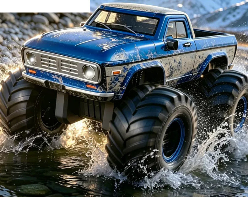 Blue Wide-Wheel RC Pickup: Closer view of the vehicle body and broad wheel profile.