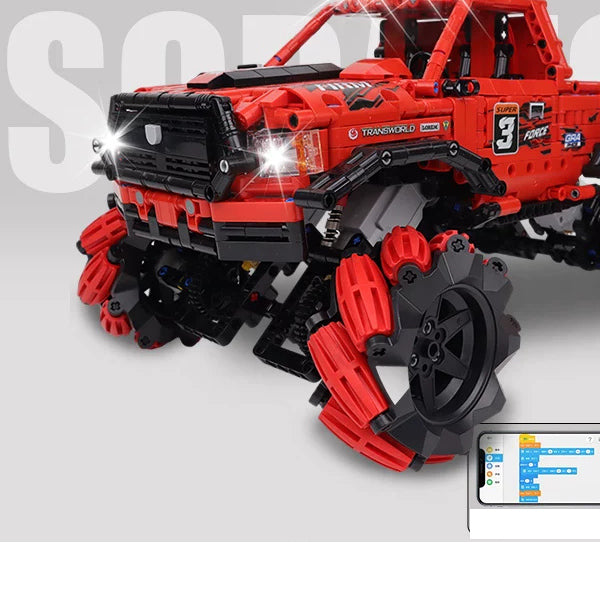 Red Roller-Wheel RC Brick Pickup - 1640 Pieces: Brick connections, wheel structure and chassis detail from the same source reference.