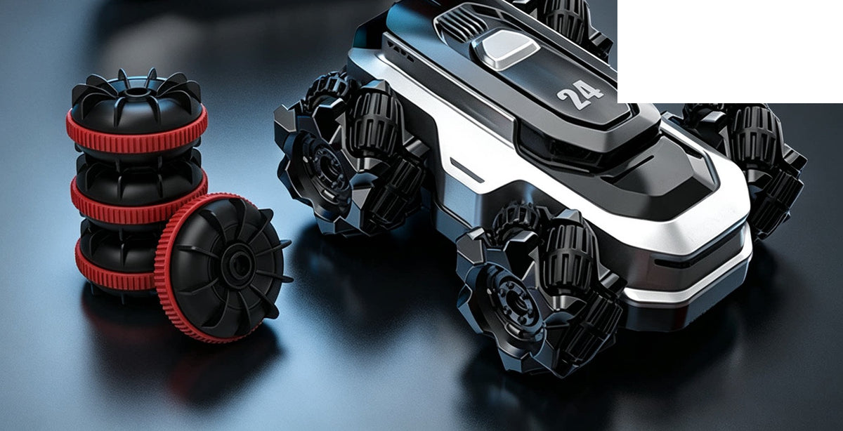 Silver RC stunt car with alternate paddle wheels