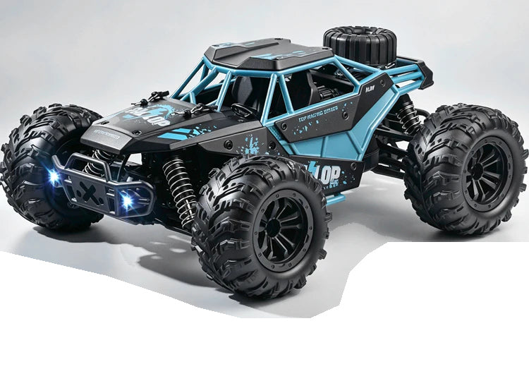 Blue RC cage buggy, rc390 brushed exterior; selected battery and shock upgrade package listed separately