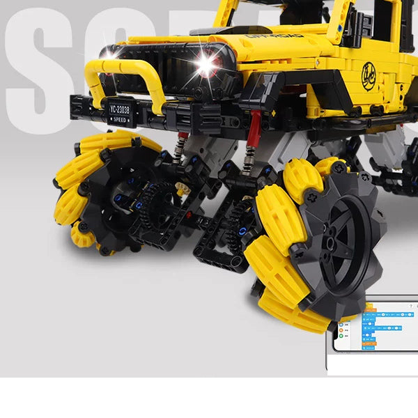 Yellow Roller-Wheel RC Brick Crawler - 1490 Pieces: Brick connections, wheel structure and chassis detail from the same source reference.