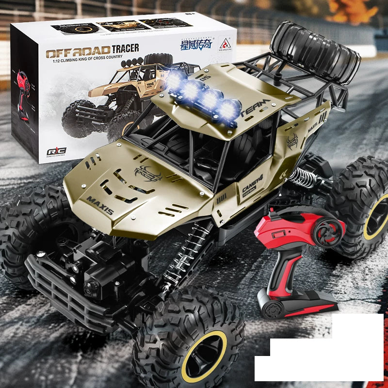 Gold four-wheel RC crawler exterior with its source package reference
