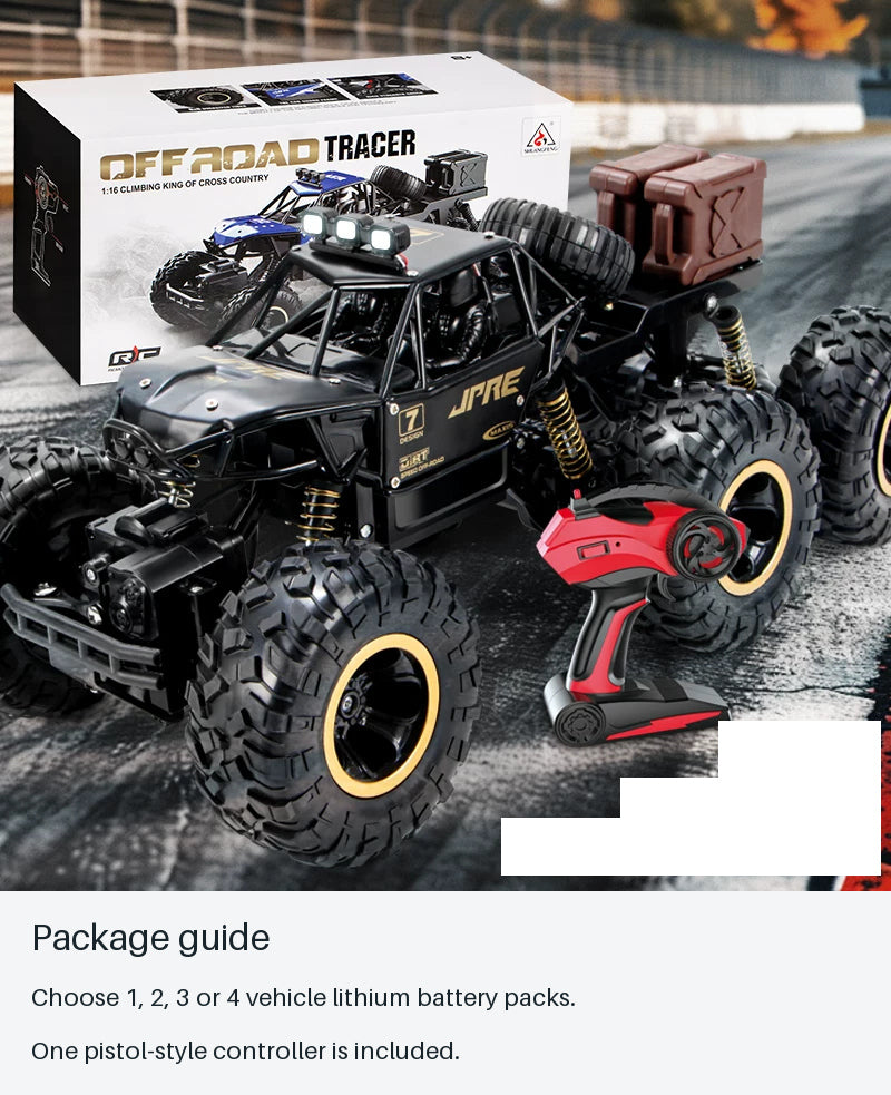Six-Wheel RC Crawler - Black and Blue Battery Packages - source-backed package information card