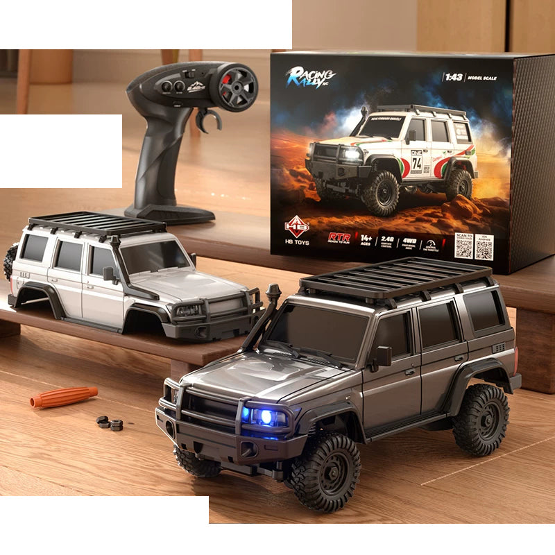 HB R43 1:43 Mini RC Crawler SUV Series: R4303 / Dark Gray SUV with one handheld controller and one spare white body shell; one complete vehicle supplied