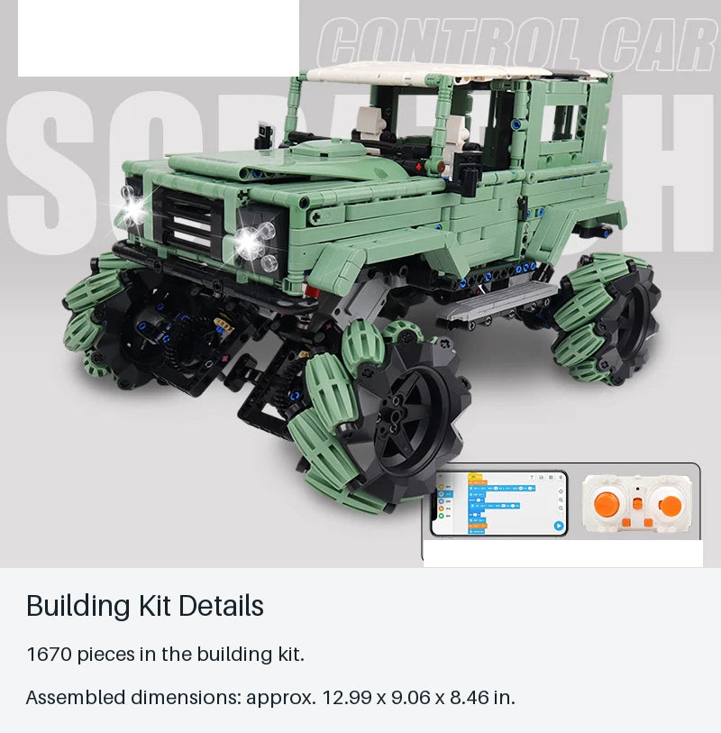 Army-Green Roller-Wheel RC Brick SUV - 1670 Pieces - building kit details