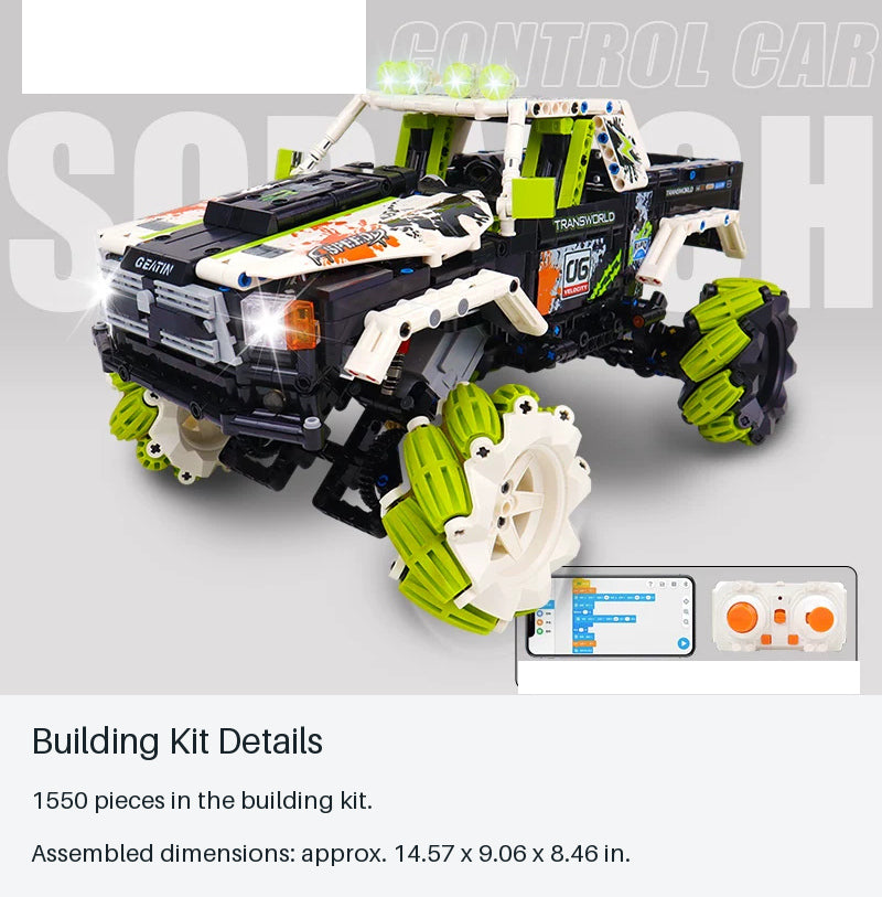Green Roller-Wheel RC Brick Crawler - 1550 Pieces - building kit details