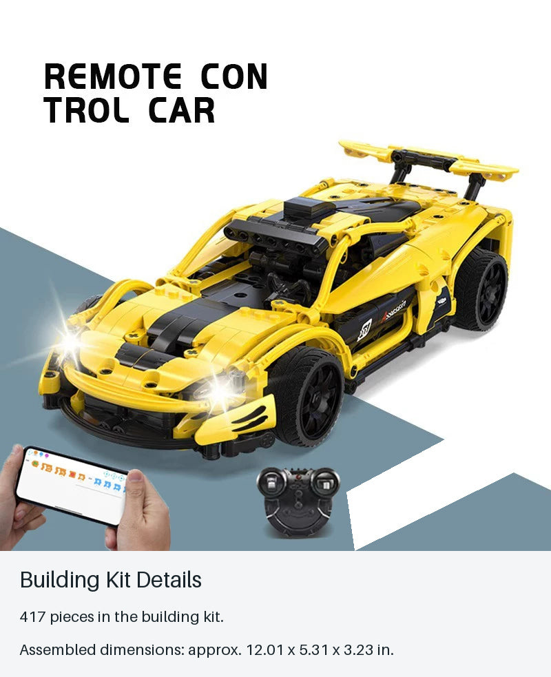 Yellow RC Brick Sports Car - 417 Pieces - building kit details
