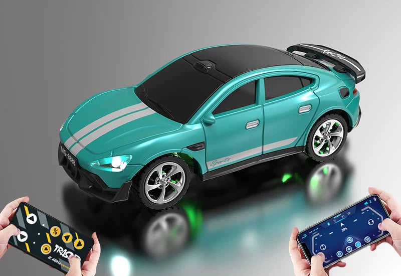Mini RC Hatchback Racer with Optional Trailer: Teal mini RC hatchback; phone illustrates app control, not supplied