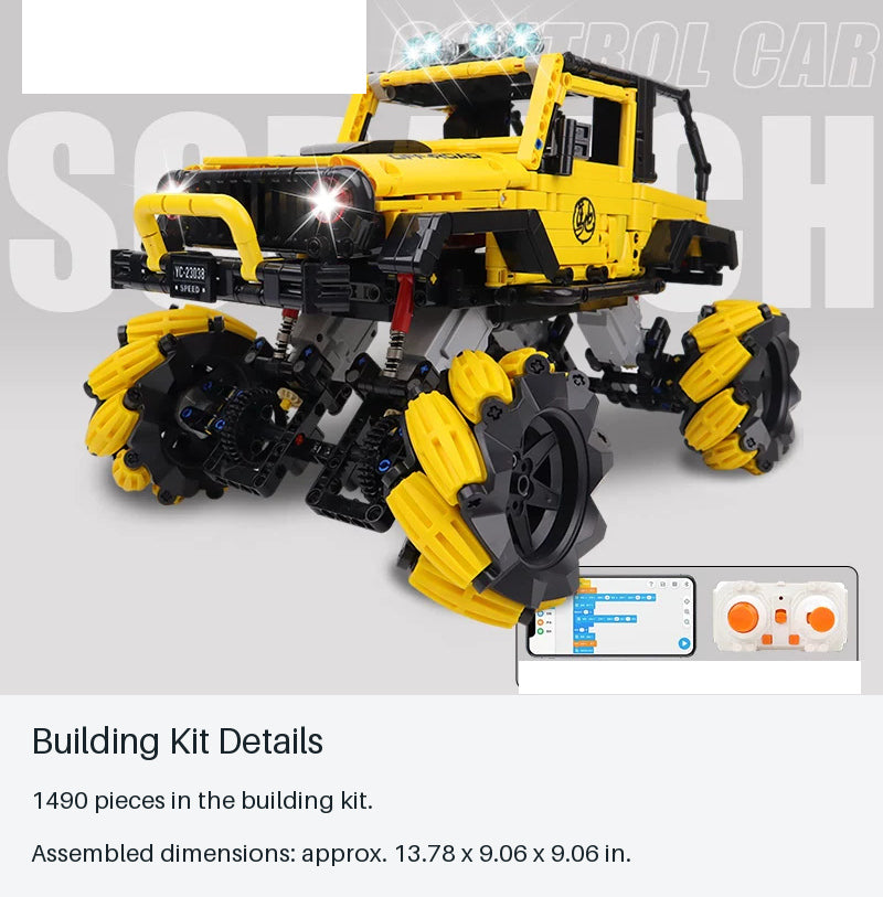 Yellow Roller-Wheel RC Brick Crawler - 1490 Pieces - building kit details