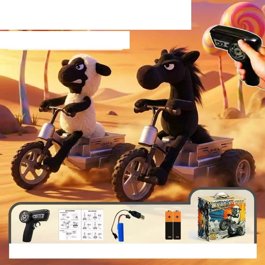 RC Tricycle with Sheep or Horse Plush Rider: Source paired sheep and horse tricycles with the exact two-controller package.