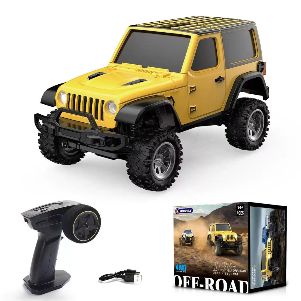 Yellow RC SUV with controller and retail box