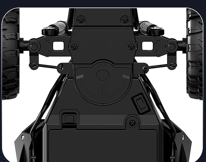 Underside steering and chassis detail of the RC buggy