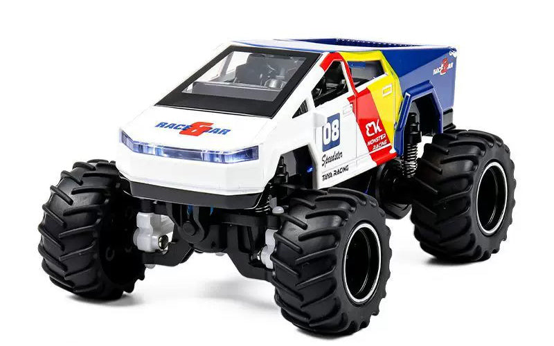 White and multicolor 08 detailed-cab RC monster pickup with dark rims