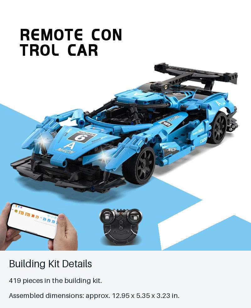 Blue RC Brick Sports Car - 419 Pieces - building kit details