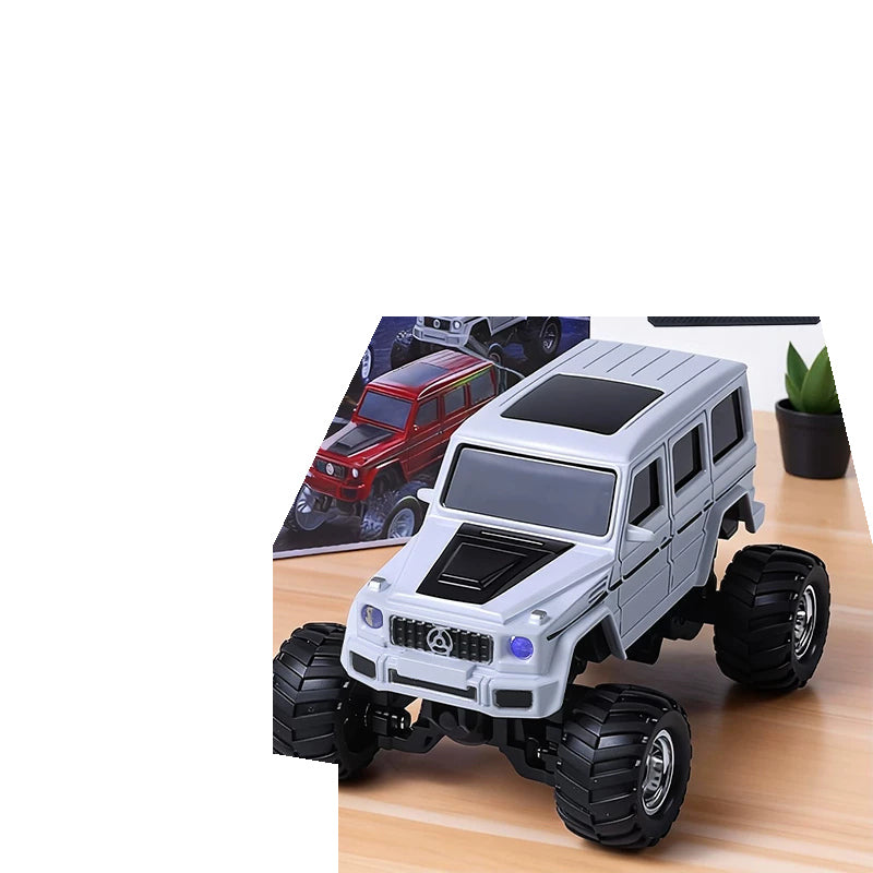 White G-Class-style RC SUV showing the front body and wheels