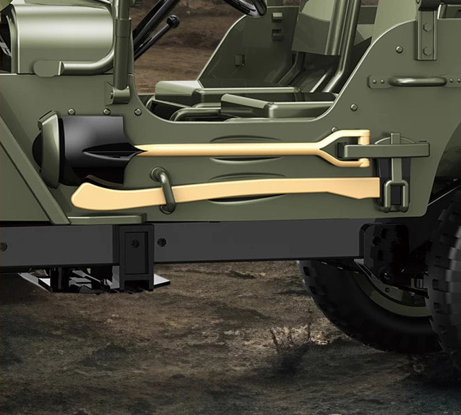 Side cabin and mounted tools on the military green RC Jeep