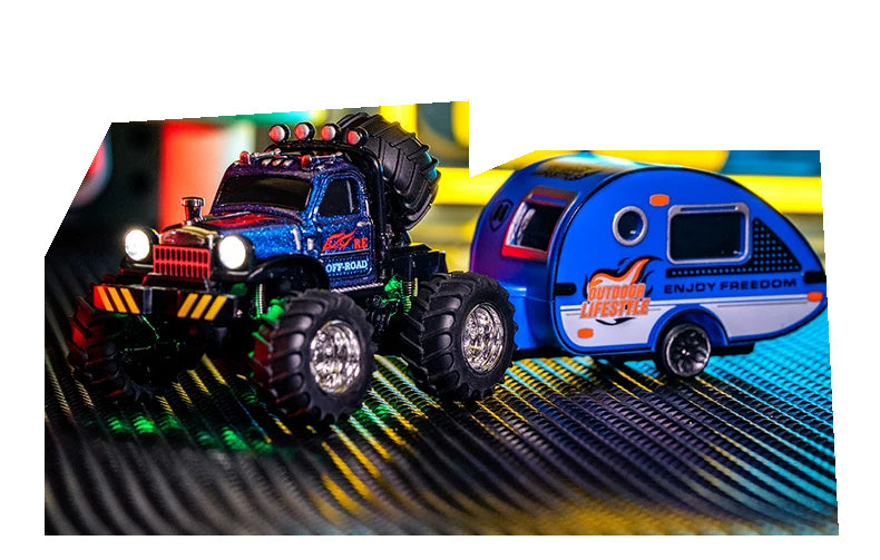 Blue retro RC truck and camper in a display scene