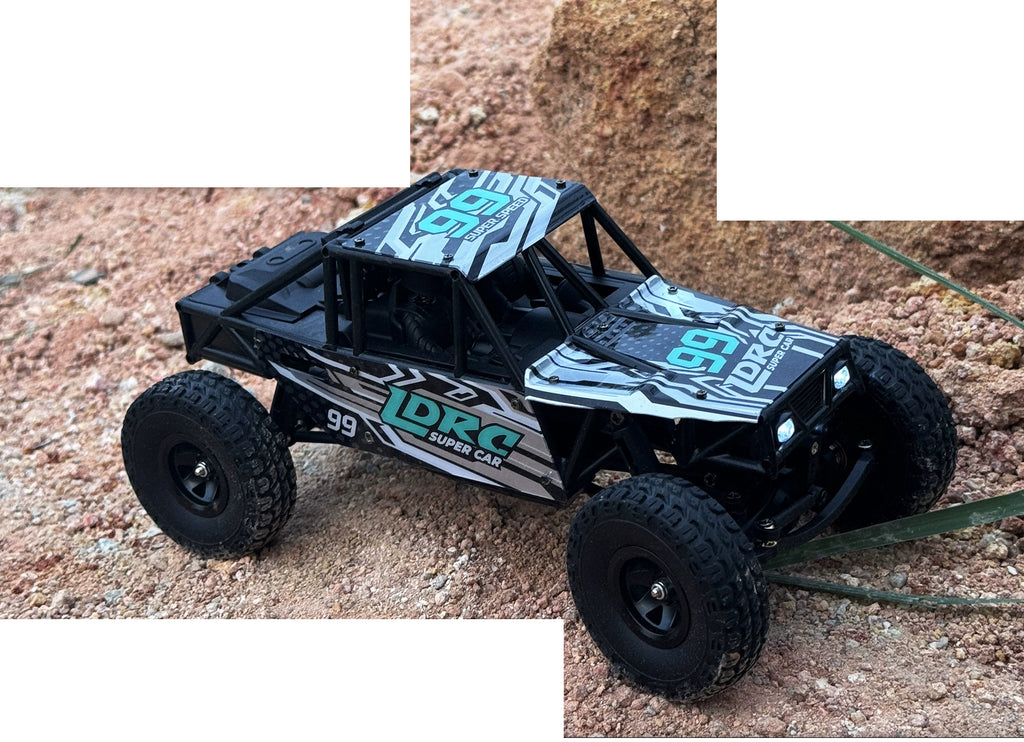 Blue LD18499 crawler viewed from above on rocky terrain