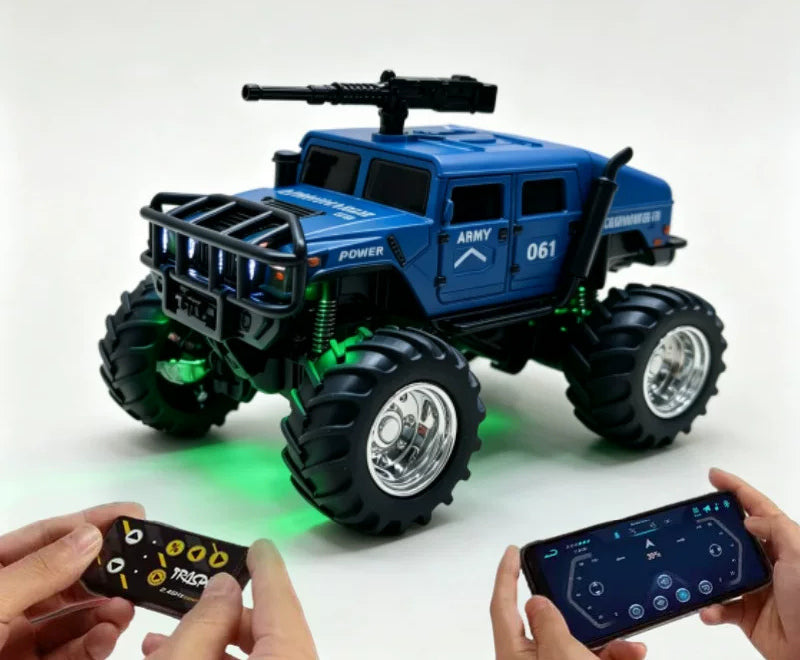 Mini Military-Style RC Truck - Color Selection: Blue mini military-style RC truck with roof display detail; phone is a control illustration, not supplied