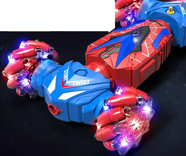 Angled view of the Red Web Pattern twist car with RGB roller wheels