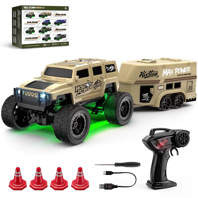 Khaki E88 pickup and camper with pistol-style remote, USB cable, screwdriver and four miniature cones