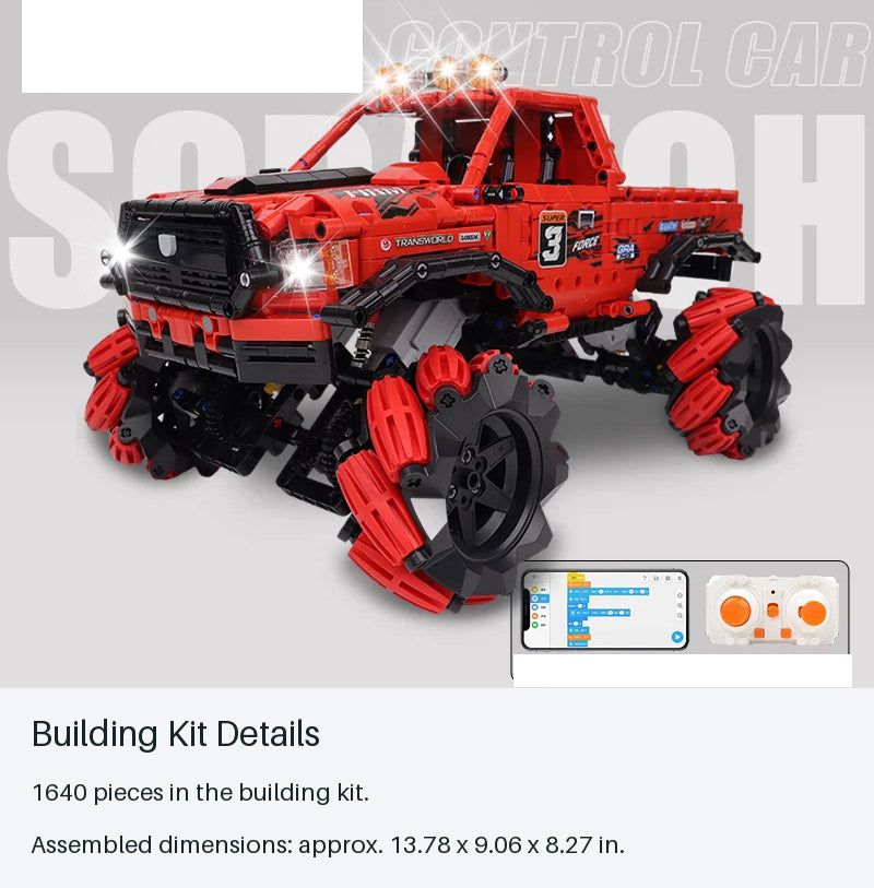 Red Roller-Wheel RC Brick Pickup - 1640 Pieces - building kit details