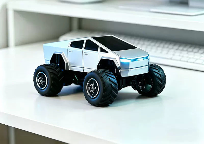 Reverse-side view of the silver angular RC truck