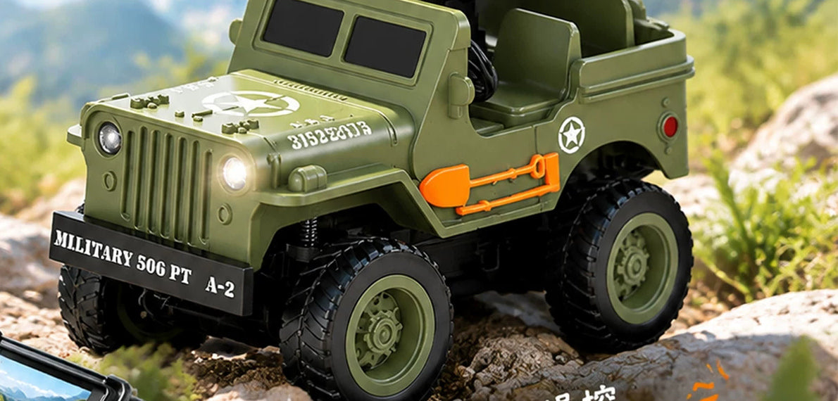 Front body and tires of the green camera-equipped RC Jeep