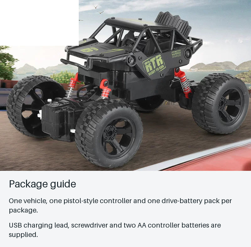 Compact 2WD RC Crawler - Black or Red - package guide