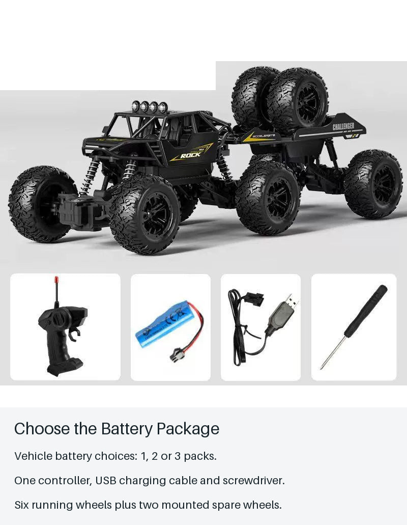 Six-Wheel RC Crawler with Roof-Mounted Spare Wheels - choose the battery package from source-backed facts