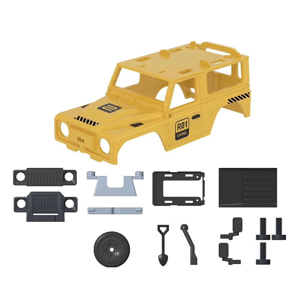 Yellow empty body shell with pictured trim and fittings.