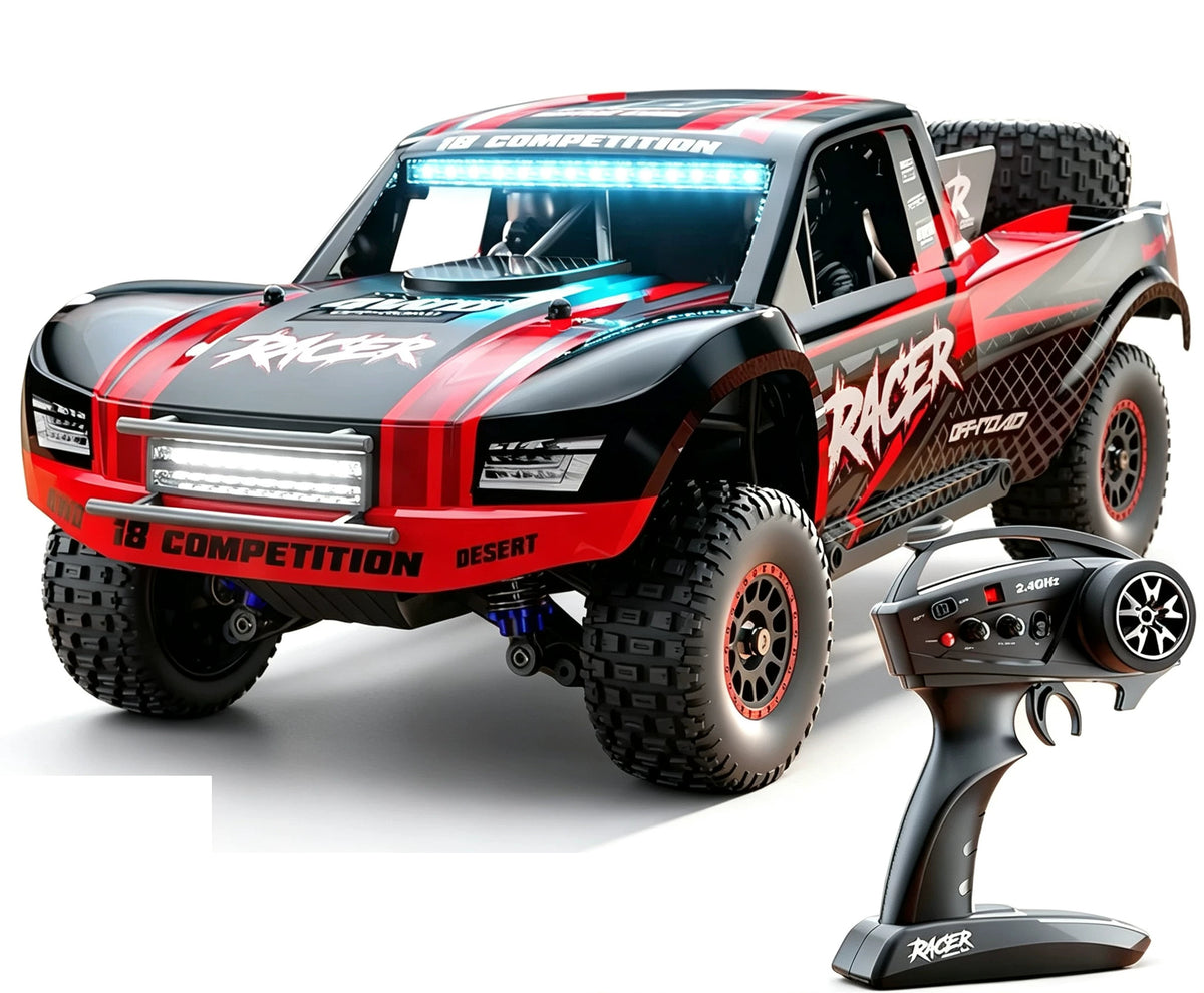 Red HB-RD1203 RC short-course truck and included handheld controller, brushed version; selected battery quantity listed separately
