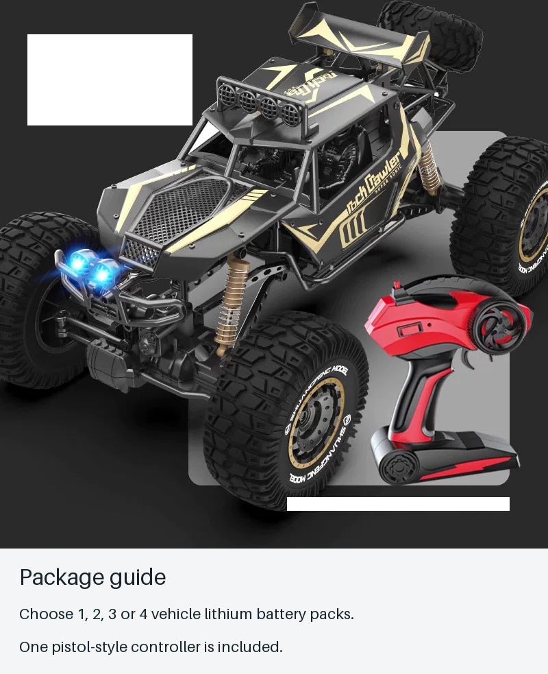 Large Four-Wheel RC Crawler - Black and Gold - source-backed package information card