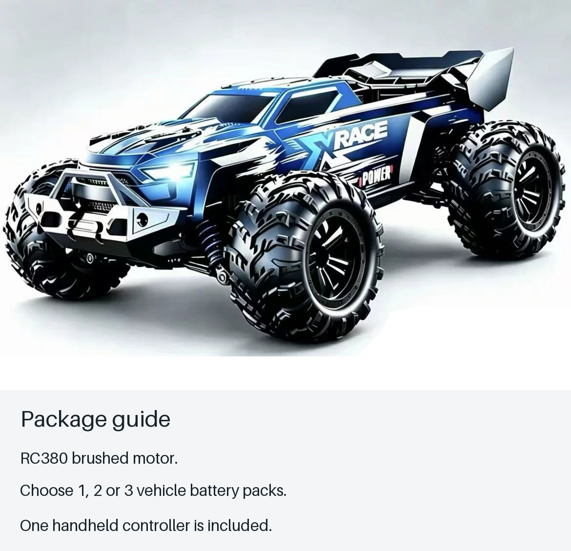 X-RACE RC Pickups - RC380 Brushed Battery Packages - source-backed package information card
