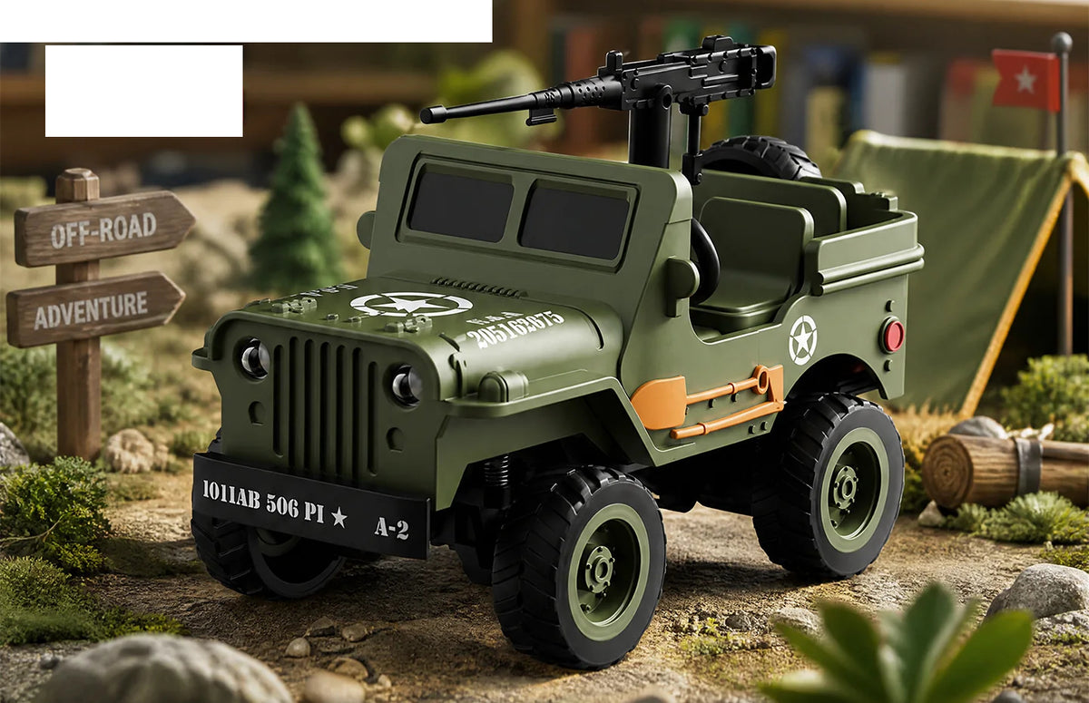 Basic military-green mini RC Jeep with gun-style model attachment